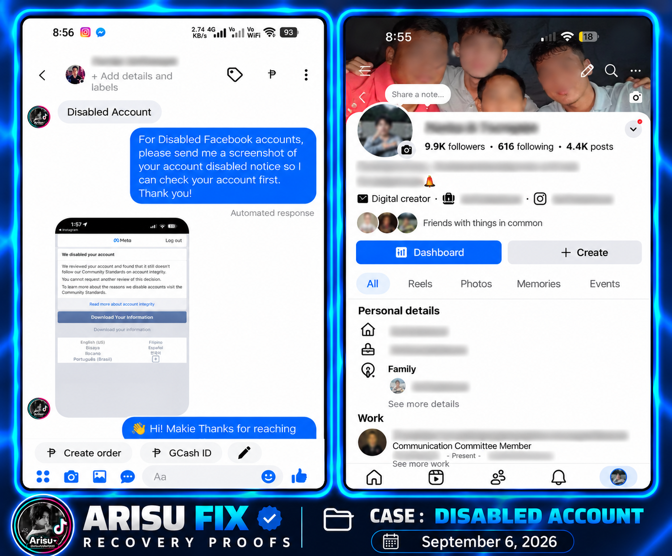Disabled Facebook account recovery proof