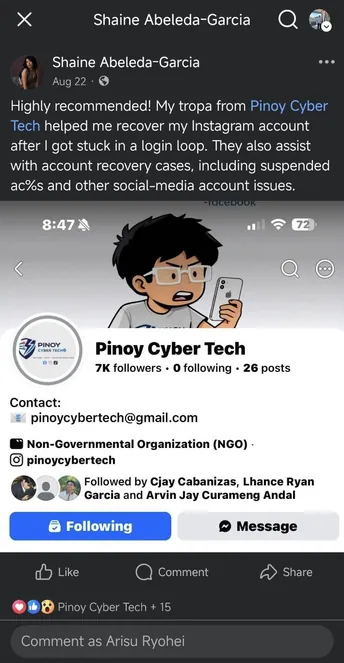 Reference testimonial screenshot mentioning Pinoy Cyber Tech, not Arisu Recovery Service